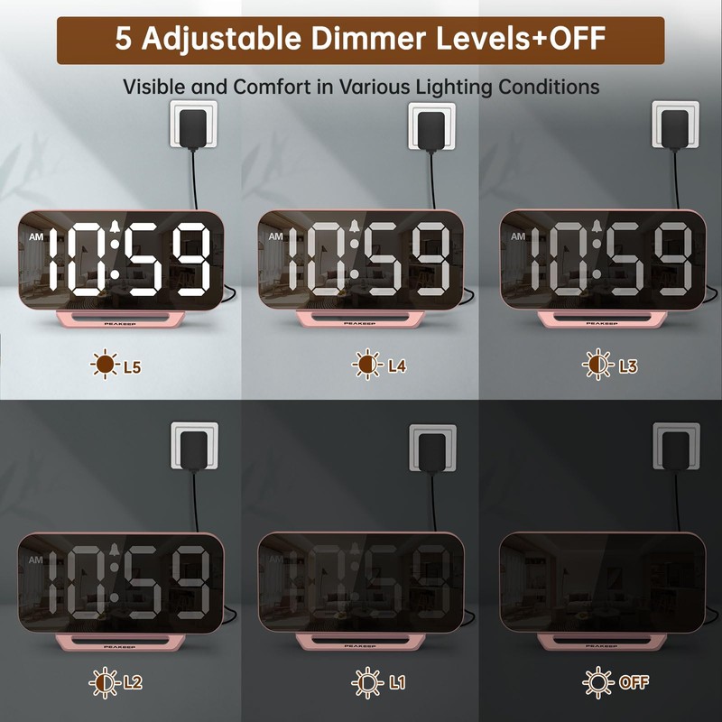 Peakeep Slim Digital Mirror Clock, Aesthetic Alarm Clock for Bedroom