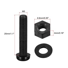 TOP-VIGOR 20Pcs M5x25mm Nylon Screw Nut Washer Assortment Kit, Round Head Machine Screw Bolt Nuts Flat Washers for Fixing Component, Industrial and Construction Fasteners, Black