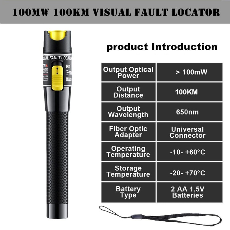 Visual Fault Locator, 100mW Fiber Optic Cable Tester Meter VFL