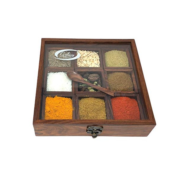 Galaxy Indiacraft Wooden Multipurpose Utility Table Top Spice Box Masala