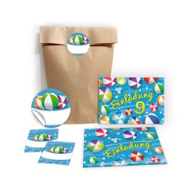 8 Invitation Cards for 9th Children's Birthday Swimming Pool Swimming Boys Girls Invitation Ninth Birthday Includes 8 Envelopes, 8 Party Bags / Natural, 8 Stickers