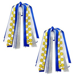 Ftuuo 2pcs Softball Ponytail Holders Hair Ribbons Streamer Yellow Blue Glitter Softball Elastic Hair Ties Band Hair Scrunchies Game Day Party Accessories Back School Gift for Women Cheerleader Fans