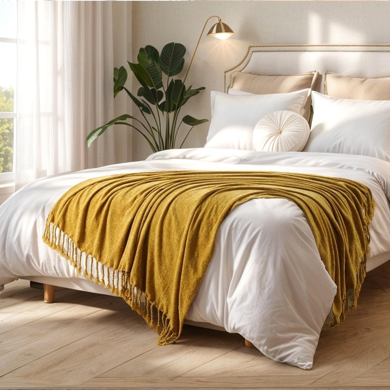 BATTILO HOME Gold Chenille Throw Blanket for Couch, Decorative Fringe