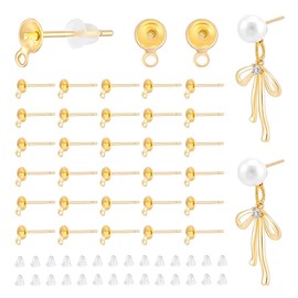 UNICRAFTALE About 200pcs Real 18K Gold Plated Pearl Cup Earring Post 304 Stainless Steel Stud Earring Findings with Loop for Half Drilled Beads with 200pcs Plastic Ear Nuts for Jewelry Making