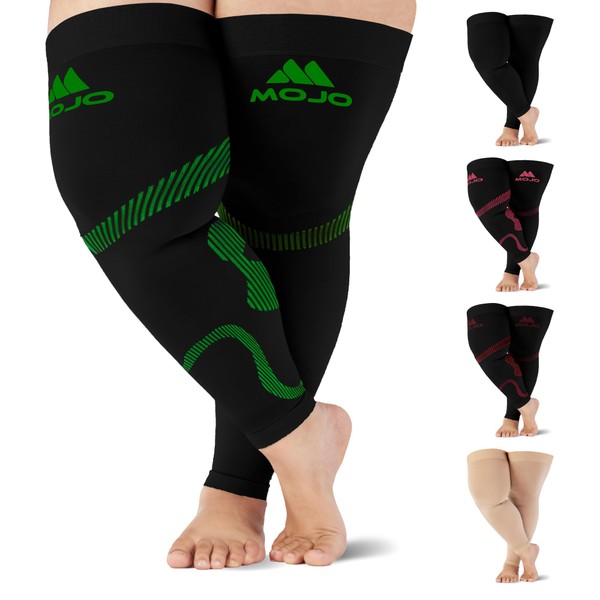 Mojo Compression Socks for Swollen Legs and Deep Vein Thrombosis - 20-30mmHg - Bariatric Thigh-High With Grip Top - Extra Wide Ankle, Calf, Thigh - 5X-Large - Black/Green - 1 Pair