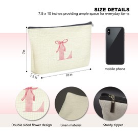 Udinaz Initial Makeup Bag Letter L Monogram Makeup Bags for Women, Pink Bow Cosmetic Bag, Preppy Makeup Bag, Aesthetic Makeup Bag, Preppy Stuff, Coquette Stuff, Girly Makeup Bag, Pink Makeup Pouch