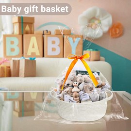 Cotton Woven Gift Basket, Baskets Empty with Clear Wrap and Ribbon, 12" x 8" x 5" Nursery Baskets, Ideal for Presents, Storage, Decor (White)