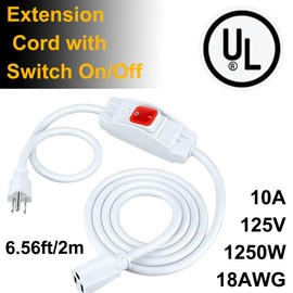 6.56 FT Waterproof Extension Cord with Switch, 1250W/10A Heavy Duty 3 Prong Plugs, 18/3 SJT Extension Cord, UL Listed, Indoor/Outdoor Use (White)