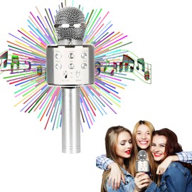 KADIGO Microfono Karaoke, Micrófono Inalámbrico Karaoke Bluetooth, Micrófono para Niños, Microfono con Bocina, Recargable, Inalámbrico de Condensador, Portátil, para Reuniones Familiares (Plata)