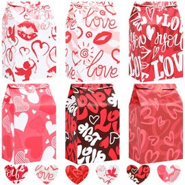 CCINEE 30pcs Valentine's Day Gift Bag Craft Paper Treat Bags Valentines Goodie Candy Bags with 30pcs Stickers for Kids Party Favor Supplies