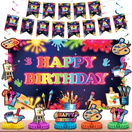 Art Paint Birthday Party Decorations for Boys Girls Kids Art Paint Birthday Banner Backdrop Hanging Swirls Honeycomb Centerpiece Table Decoration for Art Painting Theme Birthday Party Supplies