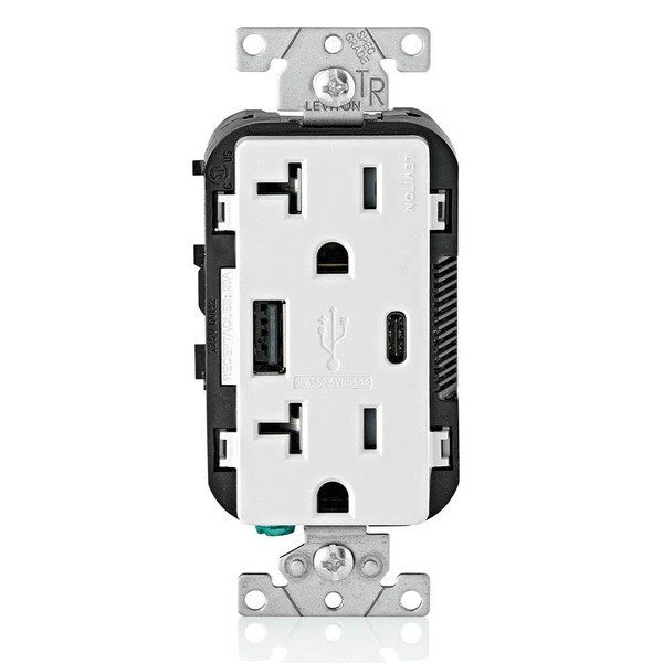 Leviton T5833-W Type A & Type-C USB In-Wall Charger with 20A Tamper-Resistant Outlet, USB Charger for Smartphones and Tablets. Not for Laptops, White