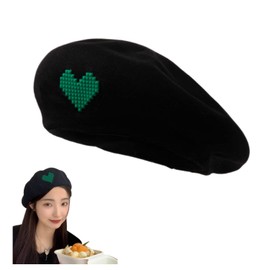 Qzkouma HRZ-261 Heart-Pattern Beret Women's Painter Hat, Thin, Knit Hat, Cap, Newsletter, Retro, Casual, Stylish, All Seasons, Black