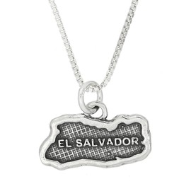 LGU Sterling Silver Oxidized Travel Country Map of El Salvador Pendant with Polished Box Chain Necklace (16 Inches)