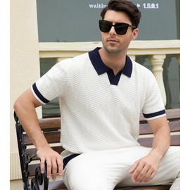 Alex Vando Mens Knit Polo Shirts Casual Short Sleeve Johnny Collar Golf Shirts,White,L