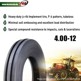 WANDA 4.00-12 Agricultural Farm Rib Implement Tire F-2 Pattern 4 Ply Set 2-16012