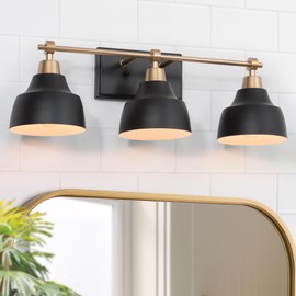 LALUZ Black Bathroom Vanity Light Fixtures, 3-Light Brass Modern Farmhouse Gold Vanity Wall Lamp Over Mirror with Metal Globe for Hallway, Bedroom, Kitchen, and Living Room