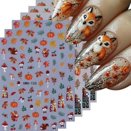 6 Sheets Cute Pumpkin Squirrel Maple Leaf Turkey Nail Art Stickers for Thanksgiving Day 3D Self-Adhesive Nail Decals Fall Nail Stickers Autumn Nails Decoration Holiday Nail Art Supplies for Women