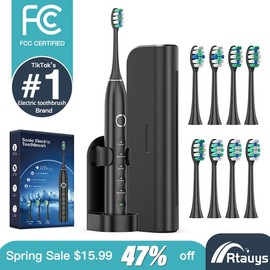 RTAUYS M5 Sonic Electric Toothbrush for Adults - Rechargeable Electric Toothbrushes with 8 Brush Heads & Holder, Travel Case, Power Electric Toothbrush with Holder，120 Days Battery Life - Color: Upgraded Black