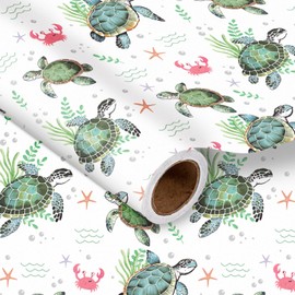 LeZakaa Ocean Sea Turtle Wrapping Paper Roll for Boys Girls Kids, Green Sea Turtle with Seaweed, Crabs, Starfish, Underwater Design for Birthday, Baby Shower Party, Mini Roll, 17 inches x 16.4 Feet