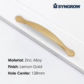 Syngrow 1 Pack Cabinet Pull Handles 5 Inch (128mm) Hole Centers Lemon Gold Kitchen or Bathroom Cabinet Door Handles Drawer Pulls and Dresser Knobs for Cupboards Furniture Hardware SG1925-128-LG-1