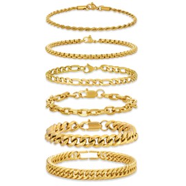 GUJOXILA Pack of 6 Men's Bracelets, Stainless Steel Bracelets, Silver, Black, Gold, Men's Bracelets for Men, Boys, Cuban Bracelets, 19 cm/21 cm/23 cm, Length for Hip Hop Rapper, Gifts for Husband, Dad