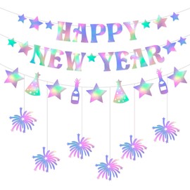 SMENGGIL Happy New Year Decoration Iridescent Banner Hanging Paper Stars Champagne Bunting Sign for Restaurants Bars Home Party Accessories Supplies 2025