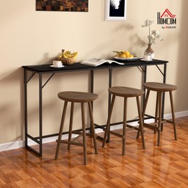 HOMCOM 70" Long Counter Height Table with Charging Station, Industrial Style Rectangular Bar Table with Steel Frame for Dining Room, Kitchen, Black Wood Grain