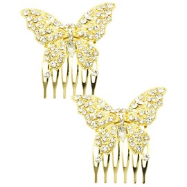 Head Jewelry~ Crystal Stone Butterfly Hair Comb Set of 2 (MMH71382GDCLR)