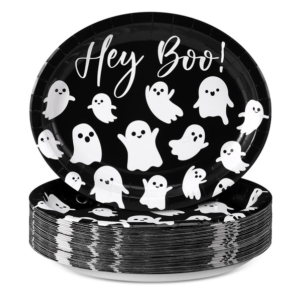 Funnymoom 50 Pcs Halloween Oval Paper Plates Hey Boo Large