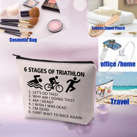 PXTIDY Triathlon Gifts Six Stages of Triathlon Tri Harder Triathlete Cosmetic Bag Swimming Cycle Running Gift for Triathlon Athletes, beige
