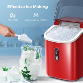 Nugget Ice Maker Countertop with Self-Cleaning Function, 35lbs/Day, Portable Ice Machine with Handle, One-Click Operation, Compact Design, Sonic Pellet Ice for Home(Red)