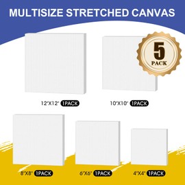 FUMILE Stretched Canvas for Painting Multi 5 Pack Square Canvas 4x4,6x6,8x8,10x10,12x12(1 of Each), Cotton Primed Acid Free Blank Canvases for Oil Paint, Acrylic Paint, Gouache and Tempera.