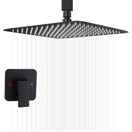 Black Ceiling Shower System Shower Faucet GGStudy Bathroom Luxury Rain Mixer Shower Combo Set Rainfall Shower Head System 10 Inch Matte Black with Valve and Trim