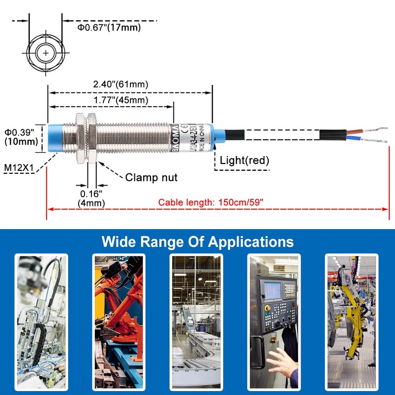 Baomain 4mm Cylindrical Inductive Proximity Switch, DC 10-30V 200mA NO