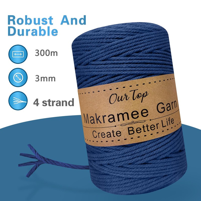 OurTop Premium Macrame Yarn Lake Blue, 3 mm x 300