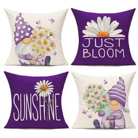All Smiles Purple Throw Pillow Covers 20x20 Set of 4 Outdoor Spring Summer Decorative Cushion Cases Home Décor Decorations for Patio Couch Chair Sofa,Daisy Floral Gnomes