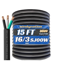 15 Feet 16/3 SJOOW Cable Cord 16 AWG 3 Conductor SO Wire - 16 Gauge 3 Conductor (16/3 Wire) 300V Portable Power Extension Cable for Motor Leads, Portable Lights, Battery Chargers