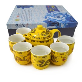 Teapot Teacup Chinese Gongfu Tea Set Yellow Dragon Porcelain Stainless Steel Filtration Ceramic Gift Box
