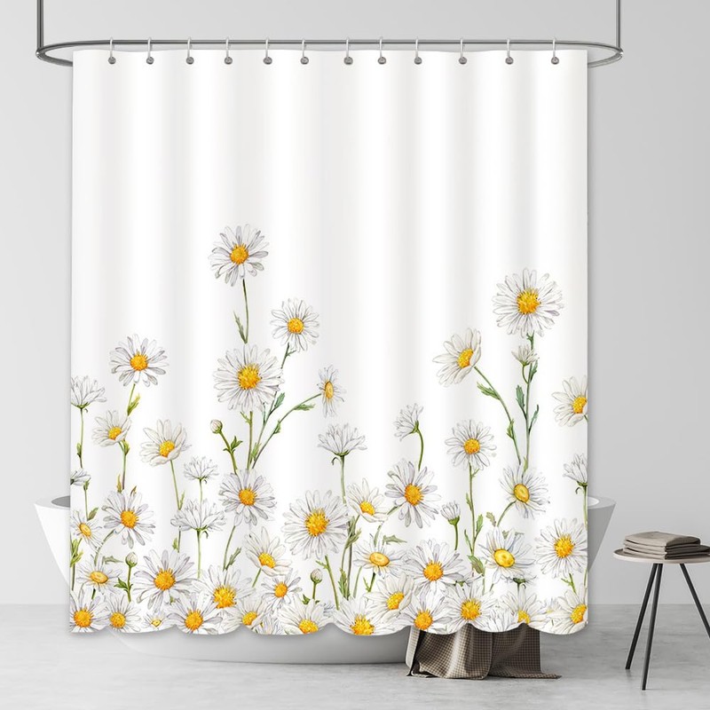AIBIIN White Daisy Shower Curtain Spring Floral Rustic Farmhouse Blossom