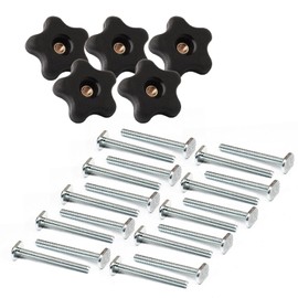 POWERTEC 72075 5/16"-18 Knobs & T Bolts Set 5pcs 5-Star Clamping Knobs with 20pcs 2-1/2 Inch Long T Slot Bolts for T Track Accessories, Feather Boards, Woodworking Jigs and Fixtures