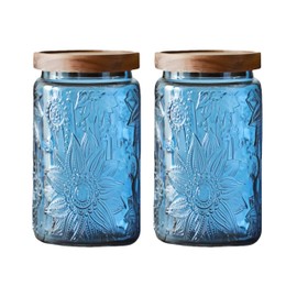 ANSQU Set of 2 Vintage Blue Glass Storage Jars with Wood Lids, 34oz Kitchen Canisters for Coffee, Sugar, Cookies, Candy – Decorative Pantry Organizers (Blue 2, 34 Ounces)
