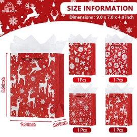 OFIHANLY 4 Pack 9" Small Size Christmas Gift Bags with Handles for Xmas Holiday Presents Reusable Cute Red Paper Wrapping Bag with Tissue Paper for Kids