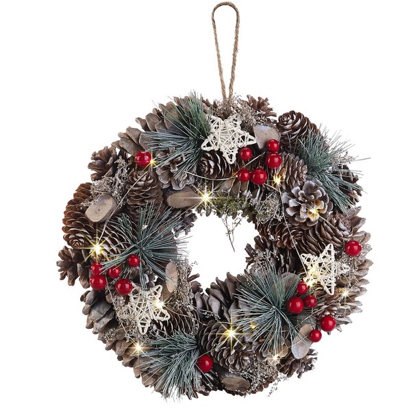 infactory Door Wreath: Advent and Christmas Wreath with LED Lighting, Green, Red, Diameter 30 cm (Door Wreath Christmas Outside)