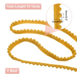 uxcell 10 Yards Pom Pom Trim Ribbon, 0.5" Wide Yellow Pom Pom Ball Fringe Trim Sewing Fringe Fabric Trim Ribbon for DIY Crafts Curtain Clothes Pillow Home Decoration