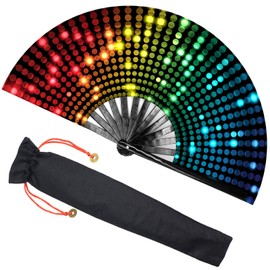 Zolee Large Rave Folding Hand Fan with Bamboo Ribs for Men/Women - Chinese Japanese Handheld Fan with Fabric Case - for Dance Music Festival Party, Performance, Decorations, Gift (Bling Round)