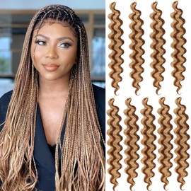 Unionbeauty 30Inch Pre-Feathered Body Wave Braiding Hair 9Packs French Curl Crochet Hair for Boho Box Braids Ombre Brown Deep Wave Crochet Hair Synthetic Braiding Hair Extensions(27M30#)