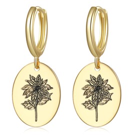 Birth Flower Earrings for Women Gold Engraved Birth Month Flower Huggie Hoop Earrings Oval Floral Pendant Dangle Earrings Statement Birthday Gift for Her (December)