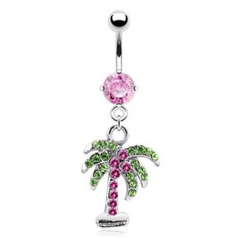 Pierced Owl 14GA Stainless Steel CZ Crystal Gemmed Palm Tree Dangling Belly Button Ring (Pink)
