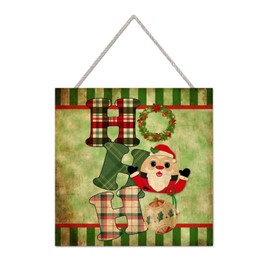 Christmas Hohoho Santa Claus Wreath Ornament Xmas Green and Red Plaid Wood Sign Home Decor Farmhouse Wood Signs Plaque Wall Decor for Home Office Bathroom Shelf Decor 10x10in